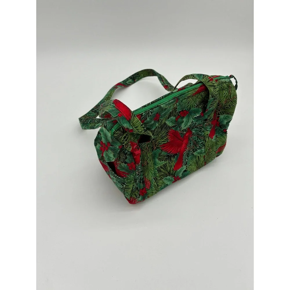 Handmade Quilted Christmas Cardinal Handbag Green Red Holiday Barrel Bag